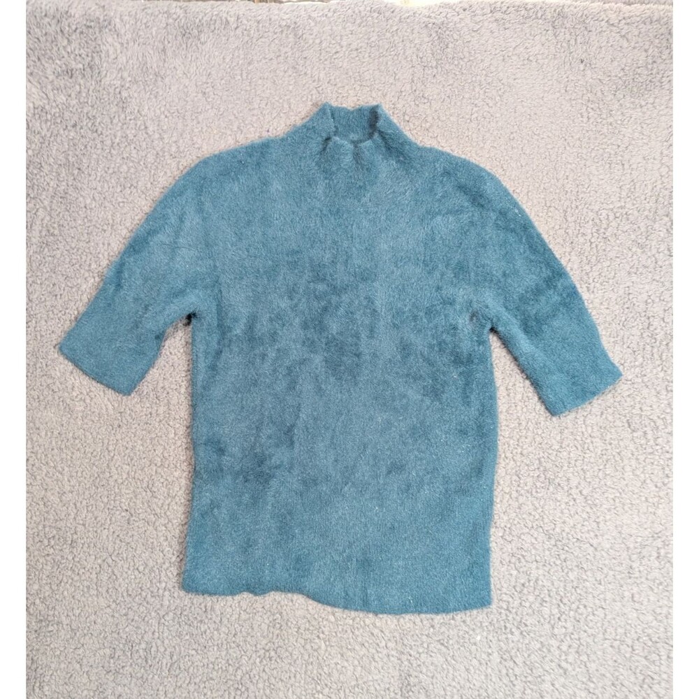 Bailey 44 Fuzzy Knit Sweater Womens S Teal Mock Neck Short Sleeve Soft Cozy